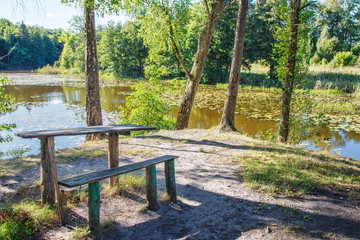 rough wooden table near the lake in the forest