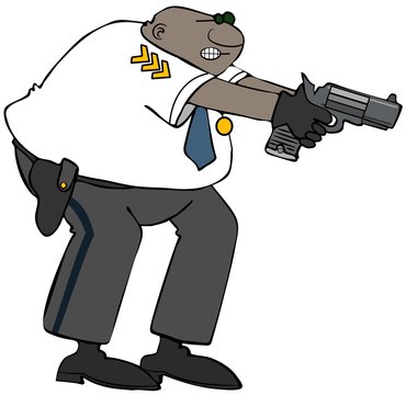 Illustration of a male black police officer aiming his service revolver with both hands.