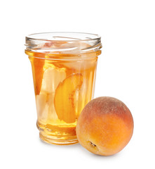 Fototapeta na wymiar Peach cocktail in glass jar on white background