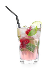 Glass of fresh raspberry mojito on white background