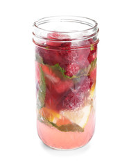 Jar of fresh raspberry mojito on white background