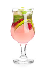 Glass of fresh raspberry mojito on white background