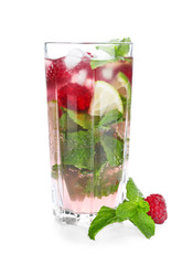 Glass of fresh raspberry mojito on white background
