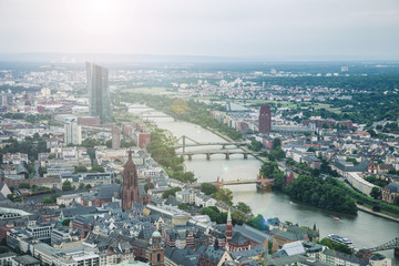 Fototapeta na wymiar aerial view of Main river and buildings in Frankfurt, Germany
