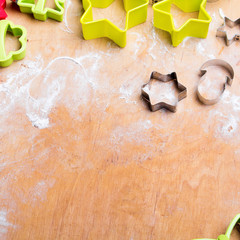 Preparing Christmas cookies. Cookies ingredients, copy space.