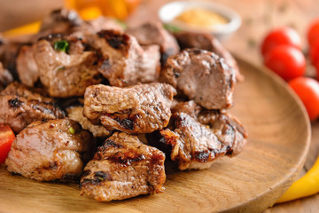 Delicious shish kebab on plate, closeup