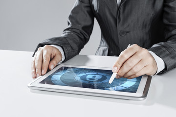 Internet security concept with woman working on media screen wit