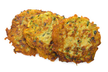 Zucchini pancakes isolated on white