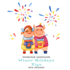 Watercolor illustration of winter fun pigs. A pair of enamored pig watches a salute