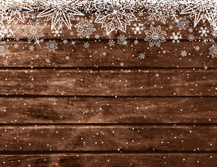 Wooden brown christmas background with snowflakes and stars, vector illustration
