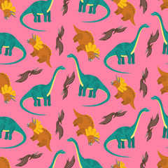 Cute pink seamless pattern with cartoon dinosaurs for kids textile. Bright childish texture with diplodocus, pterodactyl, triceratops characters for children cloth, wrapping paper, cover, background