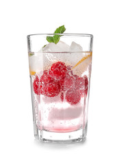 Glass of fresh raspberry lemonade on white background