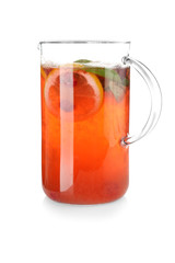 Jug with fresh raspberry lemonade on white background