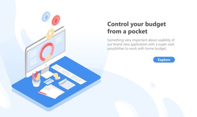 Computer with application for budget planning and control, money saving, taxation and paying debt on screen and financial documents lying on desk. Modern colorful isometric vector illustration.