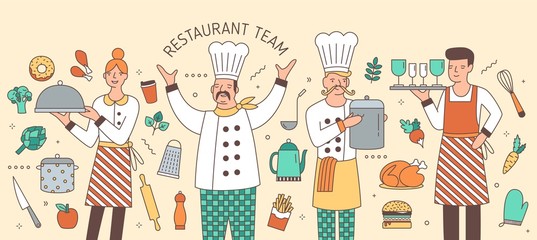 Colorful horizontal banner with chief, cook, waiter and waitress surrounded by food products and kitchen utensils. Restaurant team, personnel or staff. Modern vector illustration in line art style.