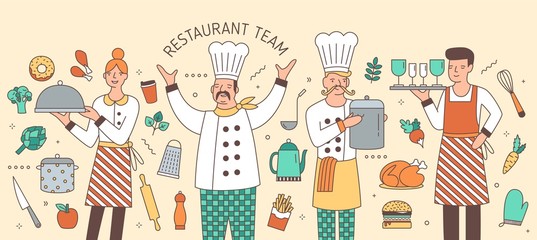 Obraz premium Colorful horizontal banner with chief, cook, waiter and waitress surrounded by food products and kitchen utensils. Restaurant team, personnel or staff. Modern vector illustration in line art style.