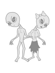 liebe paar pärchen 2 freunde mädchen frau weiblich hübsch kleid rock girl schön alien ausserirdischer weltall ufo weltraum grau grey grusselig comic cartoon clipart
