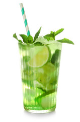 Glass of fresh mojito on white background
