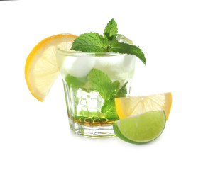 Glass of fresh mojito on white background