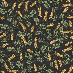 Seamless pattern with blooming tufted vetch flowers and leaves on black background. Elegant backdrop with wildflowers or wild herbs. Botanical vector illustration for wrapping paper, textile print.