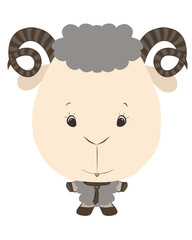 Fluffy gray lamb with horns spiral and tie