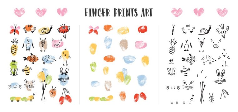 Collection of colorful fingerprints decorated by adorable animal s faces isolated on white background. Bundle of art design elements for children. Childish colorful hand drawn vector illustration.