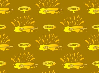 Seamless pattern Honey spot, splash with wooden spoon and message with text Honey.