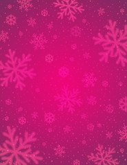 Naklejka na ściany i meble Pink christmas background with white blurred snowflakes, vector illustration