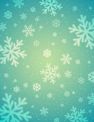Green  christmas background with white blurred snowflakes, vector illustration