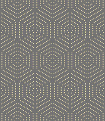 Geometric repeating ornament with hexagonal golden dotted elements. Geometric modern ornament. Seamless abstract modern pattern