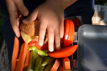 Cute schoolboy eating outdoors the school from plastick lunch boxe. Healthy school breakfast for child. Food for lunch, with sandwiches, fruits, vegetables (carrots cucumber tomato) , and juice