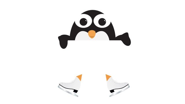 Cute animated penguin with ice skates holding white sign