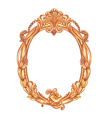 Gold oval frame with Baroque pattern, watercolor painting on white background, isolated.