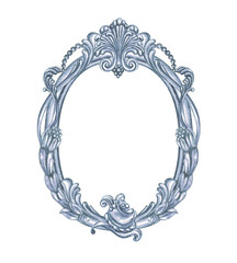 Silver oval frame with Baroque pattern, watercolor painting on white background, isolated.