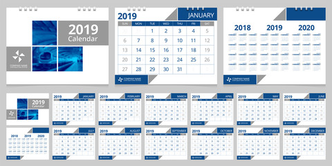 2019 calendar set week start Sunday corporate design template vector.