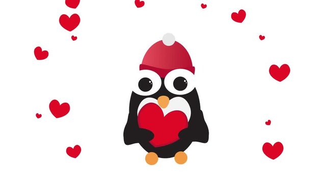 Cute animated penguin Holding a red heart with small hearts background