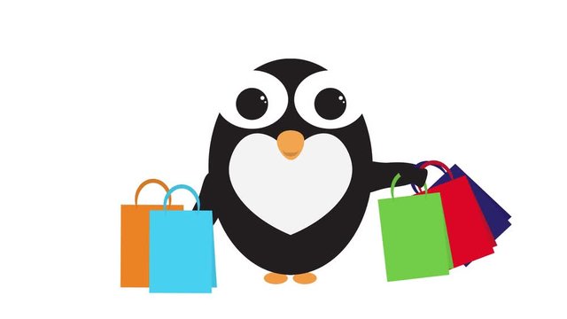 Cute animated penguin with shopping bags