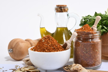 Picture of spices with vegetables bread and olive oil