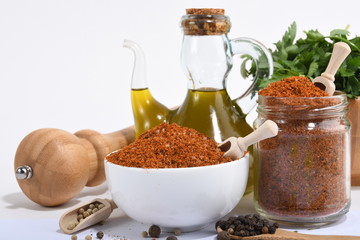 Picture of spices with vegetables bread and olive oil
