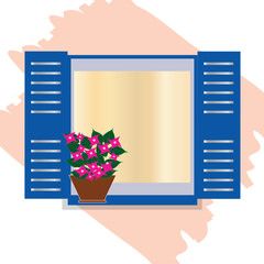 traditional greek blue window with bougainvillea flowers - Cyclades Greece
