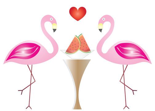two flamingos in love eating watermelon fruits vector - Valentines day illustration
