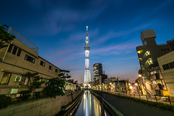Fototapeta premium TOKYO, JAPAN - June 22, 2018: Tokyo Skytree, Sumida Ward Urban night scene. Tokyo Skytree tower reflections on the canal. Tokyo Sky Tree is one of the famous landmark in Tokyo.