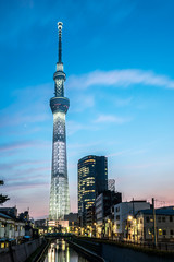 Obraz premium TOKYO, JAPAN - June 22, 2018: Tokyo Skytree, Sumida Ward Urban night scene. Tokyo Skytree tower reflections on the canal. Tokyo Sky Tree is one of the famous landmark in Tokyo.