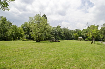 Obraz premium Wooden bench, alcove and table on a meadow in the forest at natural old West park, Sofia, Bulgaria 
