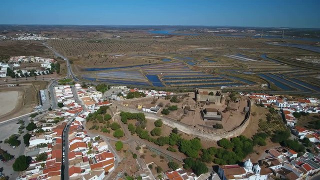Aerial. The village of Castro Marim and the castle, filmed from the sky drone.