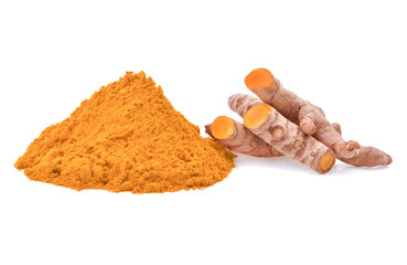 Turmeric roots and turmeric powder on white background