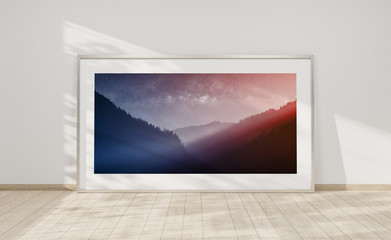 Large horizontal frame leaning on a white wall 3D rendering