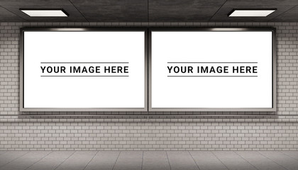Two billboards frames in underground tube station mockup 3D rendering