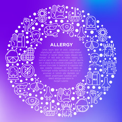Allergy concept in circle with thin line icons: runny nose, dust, streaming eyes, lactose intolerance, citrus, seafood,gluten free, dust mite, allergy test. Vector illustration, print media template.