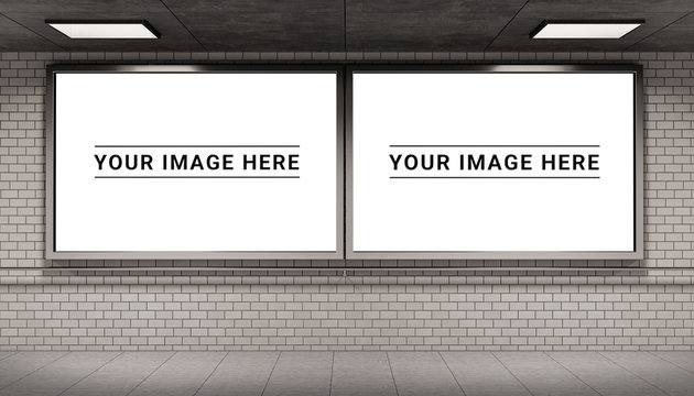 Two billboards frames in underground tube station mockup 3D rendering